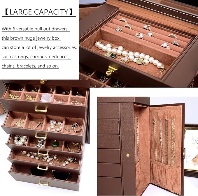 AKOZLIN Extra Large 6-Tier Jewelry Box Organizer with Mirror, 5 Drawers Leather Jewelry Storage Case for Women Girls Ring Necklace Earring Bracelet Brown