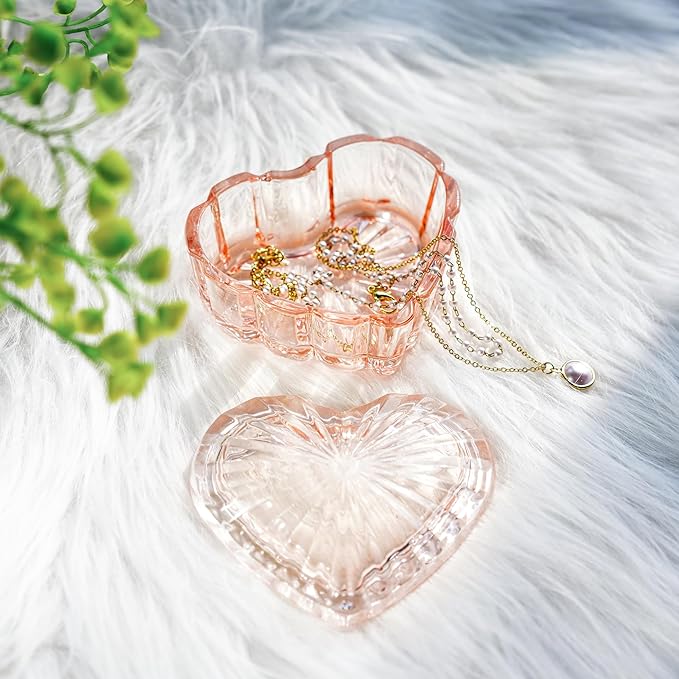 kanpura Glass Heart Shaped Jewelry Box Candy Dish with Lid Ring Earring Trinket Storage Box Vintage Jewelry Organizer Decorative Jar Christmas Gift for Women Girls(Pink)