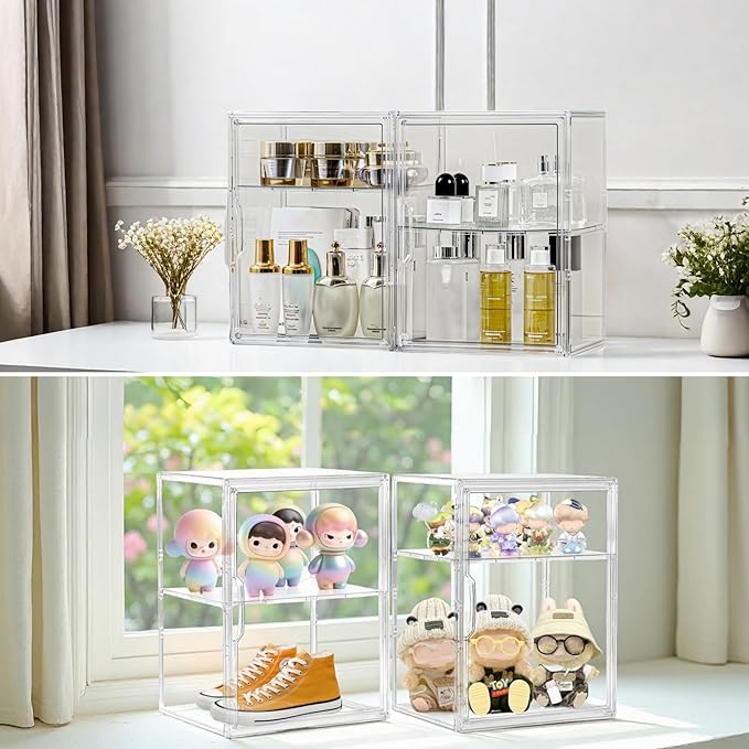 Acrylic Display Case for Collectibles, Clear Storage Bin with 3 Adjustable Layers and 1 Removable Divider, Stackable Clear Storage Box with Magnetic Door for Figures, Home or Office,Large