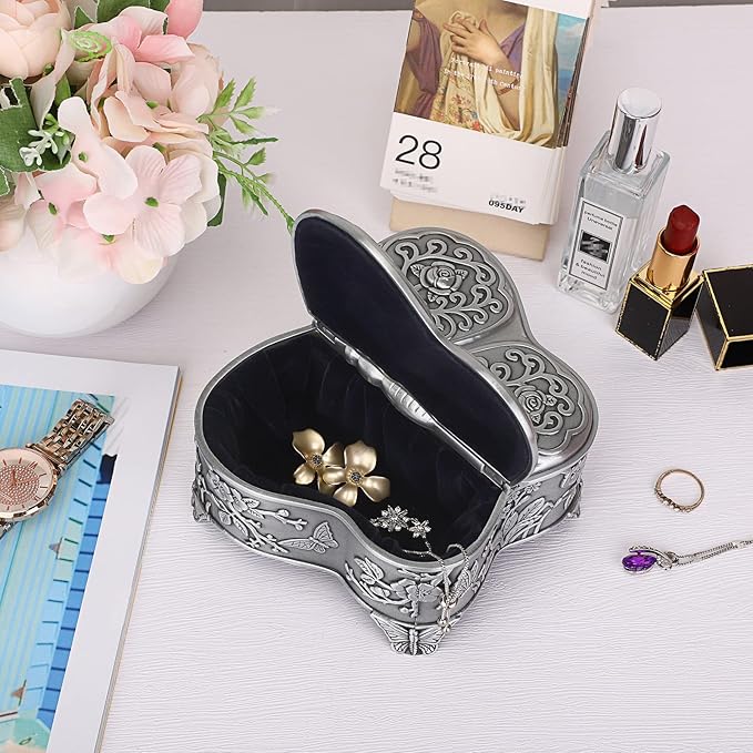 Hipiwe Antique Metal Jewelry Box Butterfly Shape Jewelry Organizer Vintage Trinket Storage Box Treasure Chest Ring Holder Earrings Necklace Storage Box Decorative Metal Box for Women, Large