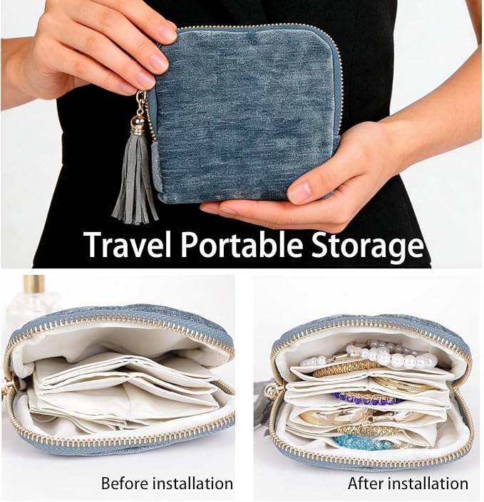 ASINGYER Travel Jewelry Storage Bag for Women, Velvet Portable Jewelry Organizer with Tassel Zipper, Small Pouches for Bracelets Necklaces Rings Earrings, Wedding Gift for Women (Blue)