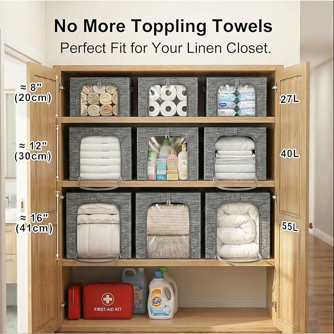 GoMaihe Clothes Storage Bins Metal Frame: 3-Pack Compact Stackable Closet Storage Bin with Lid & Clear Window, Space Saving Organizer for Sweaters Kids Clothes (Dorm/Closet 27L)