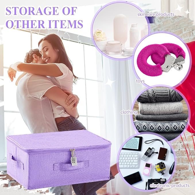 Briwooody Discreet Lockable Toy Bag Storage Organizer Toy Bag Storage Bins Case with Zipper Lid for Women and Men Clothes Container(Purple,15 x 10 x 6.3 Inch)