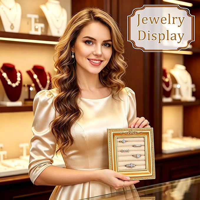 Vintage Ring Holder Rectangle Gold Velvet Display Stand - Baroque Jewelry Organizer Box Tray for Wedding Engagement Anniversary Women Birthday Christmas Gift Photograph Prop (MPF05-Gold Beige)