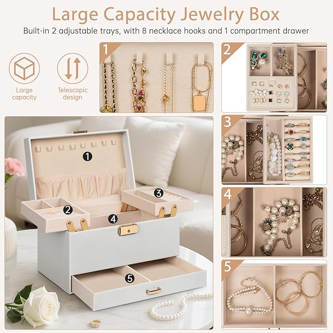 AKOZLIN Travel Jewelry Box Organizer Functional 2-trays Leather Jewelry Storage Case with Lockable Portable Drawer for Women Girls Ring Necklace Earring Bracelet