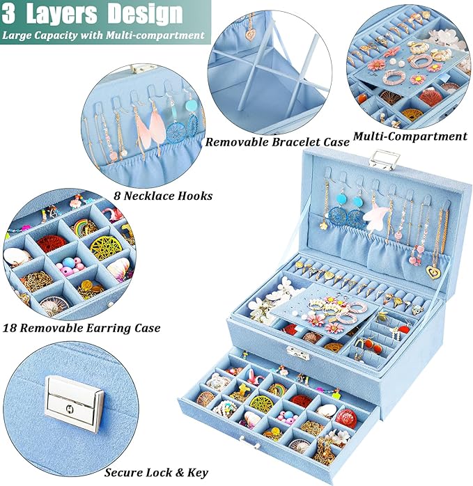 QBestry 3-Layer Jewelry Box for Girls & Teens with Lock and Key, Large Jewelry Organizer with 8 Necklace Hooks & 56 Earring Holes, Blue Velvet Jewelry Storage Box for Necklaces Earrings Rings Bracelet