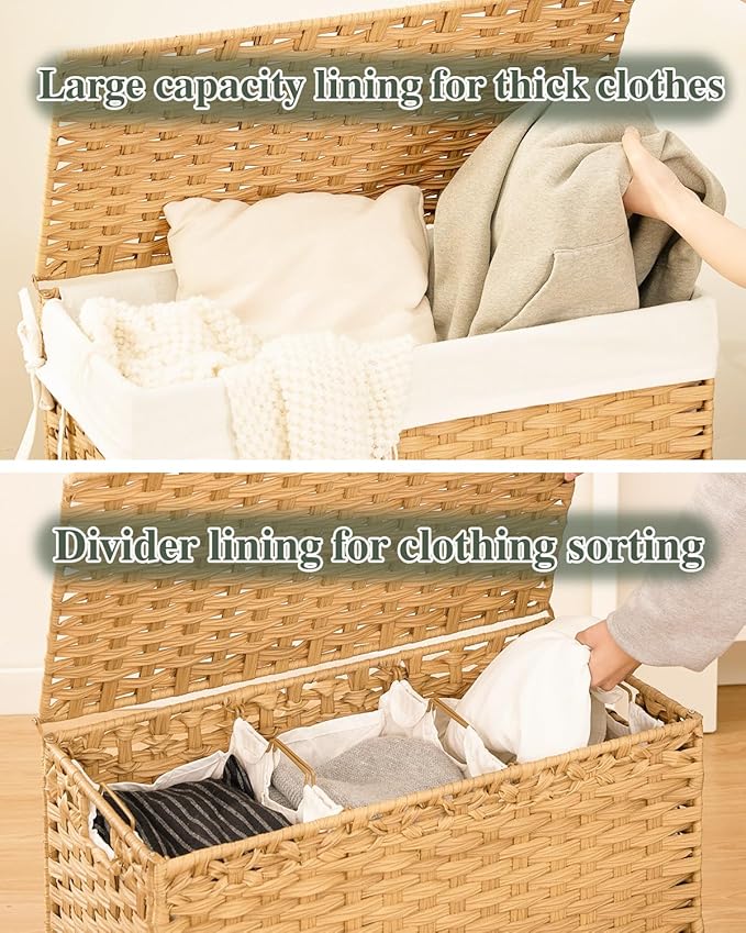 SETVSON Laundry Hamper with Lid Laundry Basket 132 L (35 Gal) Wicker Clothes Hamper, Handwoven Rattan Hamper with Handles and 4 Removable Liner Bags, 6 Mesh Bags for Laundry Bedroom Natural