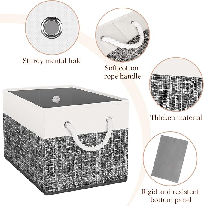 StorageTastic Storage Bin,Collapsible Storage Basket For Organizing,Large Storage Boxes With Rope Handles,Storage Containers,White & Black,4 Pack