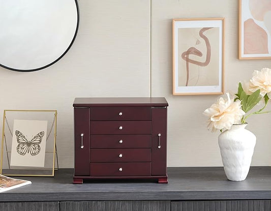 Brown 5 Layer Jewelry Box for Women,Top With Mirror Wooden Jewelry Organizer,With 8 Hook And Velvet Lining Large Jewelry Storage,For Watch Necklace Ring Earring Storage Gifts