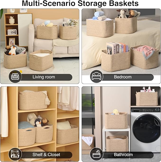 ICERZCZ Storage Baskets for Organizing & Shelves, Woven Cotton Rope Organization Bins for Dog Toys, Clothes, Books, Nursery Organizer, 15" Lx11''Wx9.5''H, (4 Packs) Brown