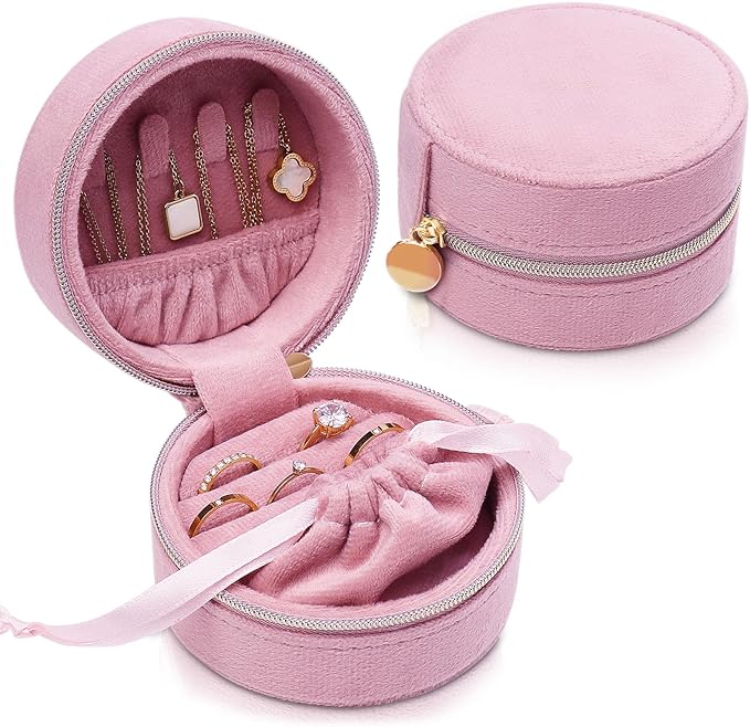 CONBOLA Travel Jewelry Case Small Jewelry Box for Women Girls,Round Velvet Mini Jewelry Travel Organizer,Portable Jewelry Box for Rings Earrings Necklaces Bracelets.(Pink,Small)