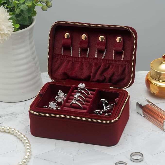 Velvet Travel Jewelry Organizer Box with Zipper Around,Portable Accessory Display Tray Holder Storage Case for Multiple Earrings Rings Necklaces Bracelets (Red)
