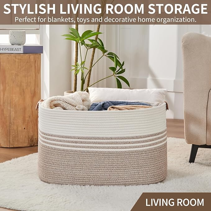 Large Woven Laundry Basket Hamper, 72L Cotton Rope Storage Bin for Blankets, Toys, Clothes, Decorative Nursery Hamper for Living Room, Baby Nursery, Bathroom, Bedroom, Kids Storage, Light Brown