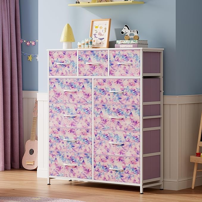 WLIVE Storage Organizer Unit with 11 Fabric Bins, Storage Drawers Organizer with Steel Frame, Tall Storage Tower Organizaton for Living Room, Hallway, Office, Tie-dye Print (Pink, Purple, Blue)