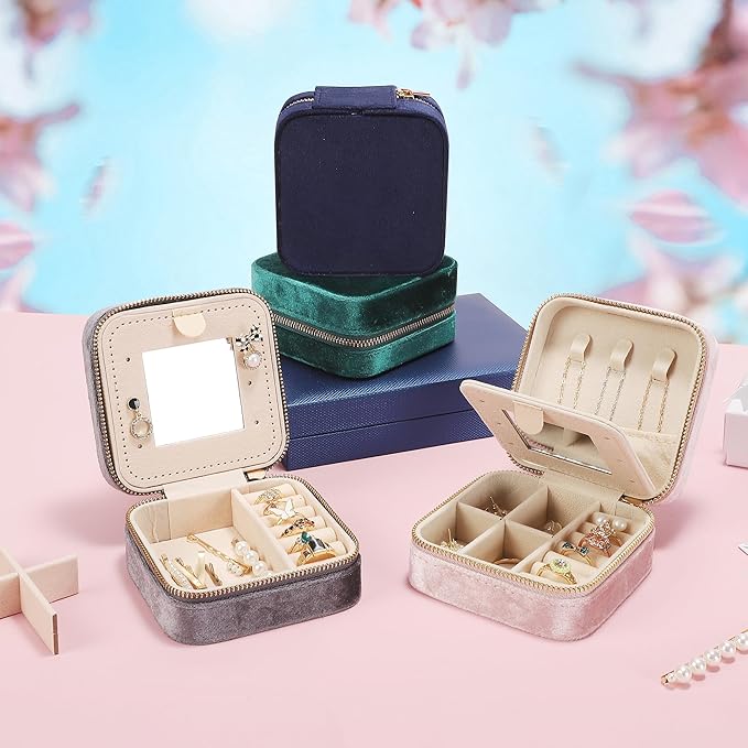 Velvet Travel Jewelry Box for Women - Small Portable Organizer, Storage Case for Rings, Earrings and Girls Necklaces, Ideal Gift for Travel (Gray)