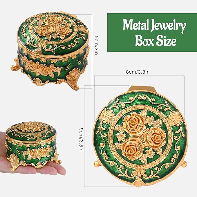 Vintage Jewelry Box, Gold Round Treasure Ring Box, Metal Trinket Organizer Keepsake Box Gift for Girl Women, Green