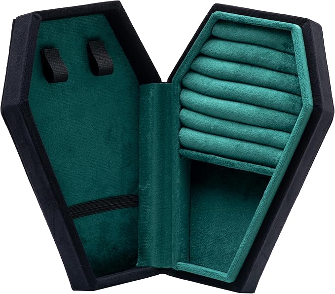 Velvet Coffin Jewelry Travel Case Holder for Gothic Wedding Ceremony Jewelry Organizer Decoration (Black and Green)