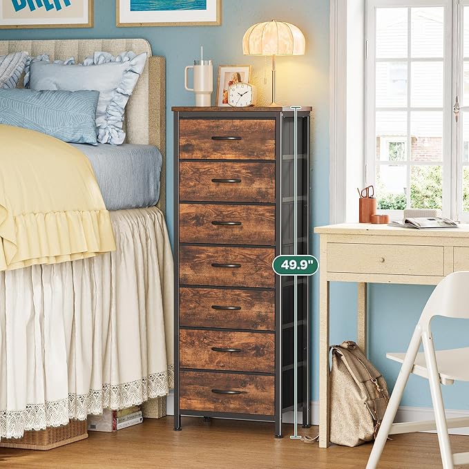 Huuger Tall Dresser for Bedroom, 7 Drawer Dresser & Chests of Drawers, Fabric Drawer for Closet, Bedroom, Night Stand, Metal Frame, Storage Tower with Fabric Bins, Rustic Brown
