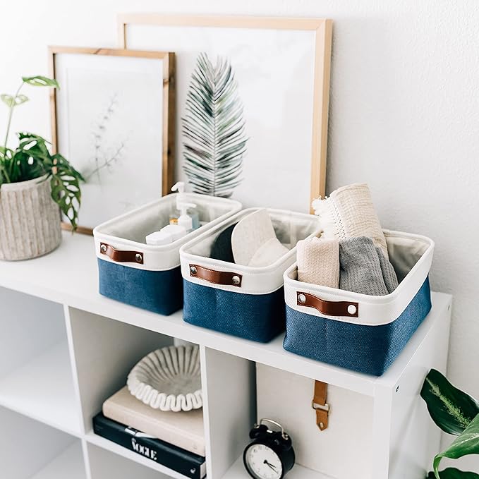 OrganiHaus Small Fabric Storage Baskets 3 Pack, 12x8in Cloth Storage Bins for Shelves, Small Baskets for Organizing Pantry Closet, Canvas Shelf Baskets, Navy Blue/Off-White