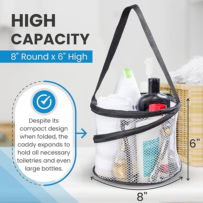 Handy Laundry Mesh Shower Caddy – Portable Hanging Organizer with Handle, Quick Dry, Large Compartments, Foldable Tote for Dorm Room, College, Gym, Travel, Bathroom Essentials, Black