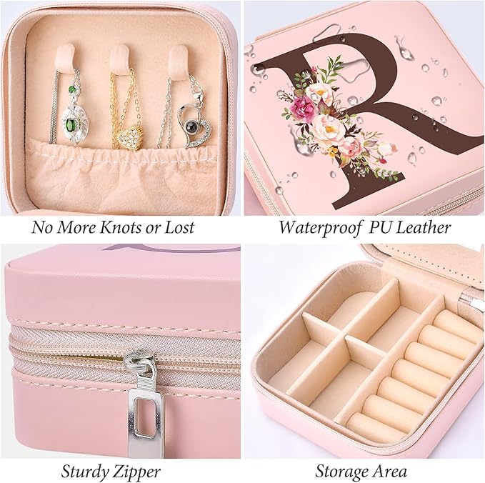 Inngeroo Small Travel Jewelry Case for Girls Women, Travel Jewelry Box Organizer Personalized Pink Gifts for Wife Mom, Gift for Friend Sister Grandma Aunt, Initial R