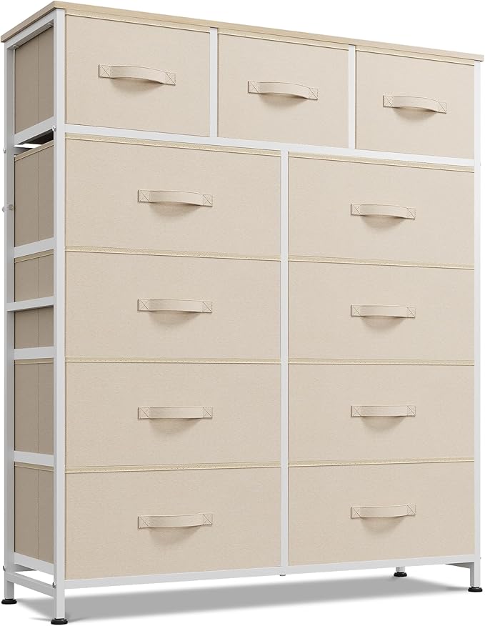 WLIVE Storage Organizer Unit with 11 Fabric Bins, Storage Drawers Organizer with Steel Frame, Tall Storage Tower Organizaton for Living Room, Hallway, Office, Cream White