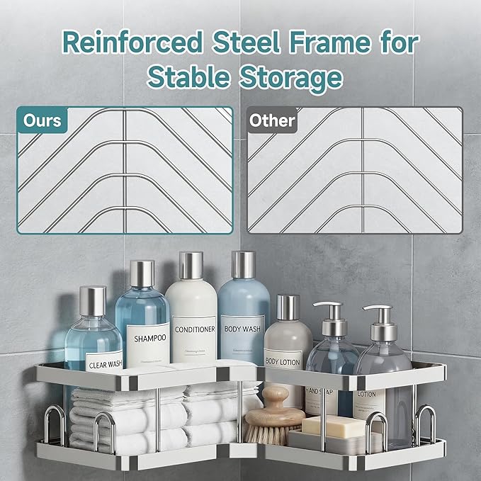 Veken Corner Shower Caddy 5-Pack, Advanced Rustproof Design, No Drilling Adhesive Shelves, Rack with Soap Holder, Large Capacity Bathroom Organizers and Storage, Wall-Mounted Kitchen&Home Decor,Silver