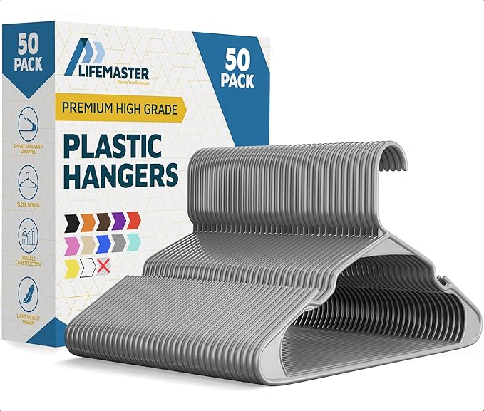 Lifemaster Plastic Clothes Hangers – Heavy Duty Hanger Set, for Organizing Clothes, Dresses, and Coat, Holds Up to 5 lbs, Space-Saving Hangers with Non-Slip Shoulder Grooves, Pack of 50, Gray