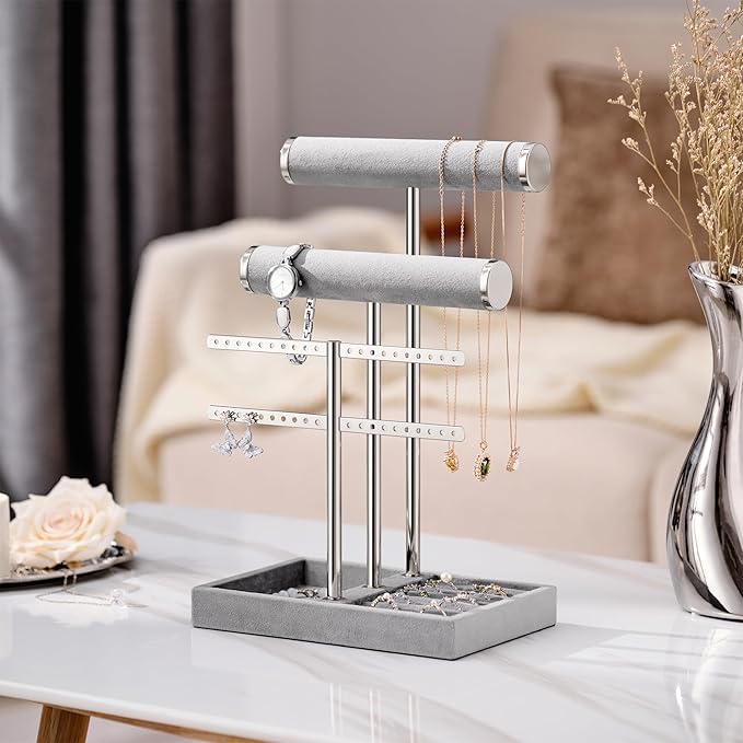 bussdis 3 Tier Bracelet Holder Display - Detachable T Bar Grey Velvet Bracelet Holder, Jewelry Holder Organizer for Bracelet, Necklace, Earrings, Rings
