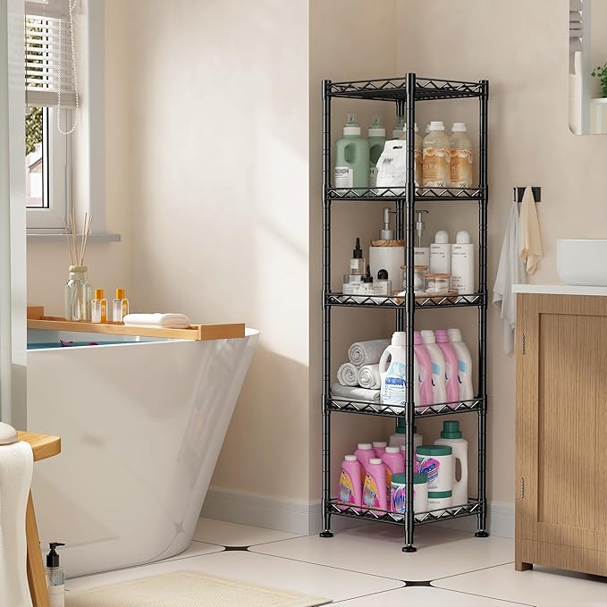 DurayLoly Set of 2 Storage Shelves-5 Tier Metal Shelving Adjustable Wire Shelves Standing Shelf Units Narrow Shelf for Kitchen Pantry Closet Office 12''Wx12''Dx49''H Black