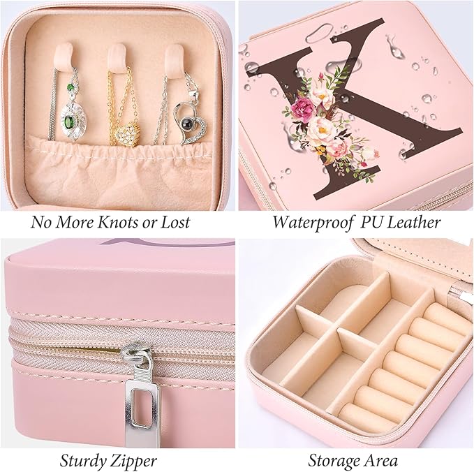 Inngeroo Christmas Gifts for Mom from Daughter Son, Personalized Birthday Giftware for Women, Mother Day Mom Gifts Small Travel Jewelry Box Travel Jewelry Organizer with Mirror, Initial K