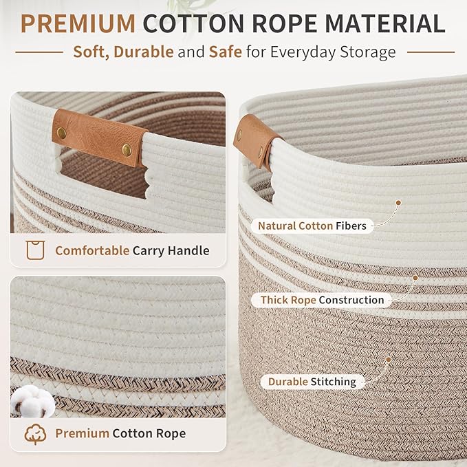 Large Woven Laundry Basket Hamper, 72L Cotton Rope Storage Bin for Blankets, Toys, Clothes, Decorative Nursery Hamper for Living Room, Baby Nursery, Bathroom, Bedroom, Kids Storage, Light Brown