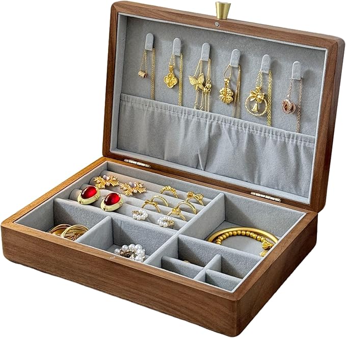 Bescott 1 Layer Solid Black Walnut Wooden Jewelry Box for Women Wood Vintage Organizer for Men Earrings Rings Necklaces Bracelet Watch Storage
