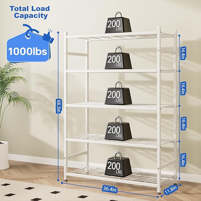 Storage Shelves, 5-Tier Metal Shelving Unit with Adjustable Feet, Shelf Organizer for Garage, Kitchen, Pantry and Closet Organization, 36.4" x 11.8" x 68.3", Cream White
