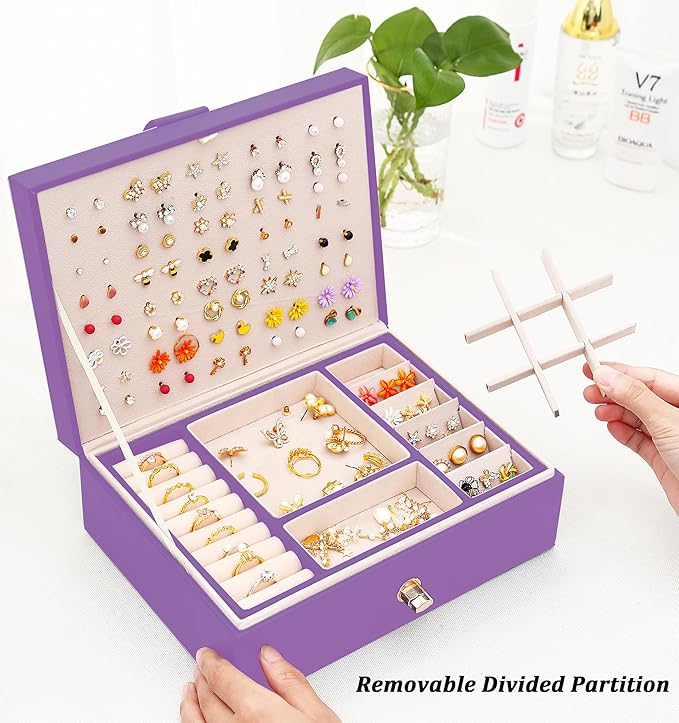 QBestry Girls Jewelry Box for Earrings Jewelry Organizer Box Teen Girls Earrings Organizer Jewelry Box with Earring Holder Organizer Stud Earring Box for Girls Womens Jewelry Case Organizer Purple