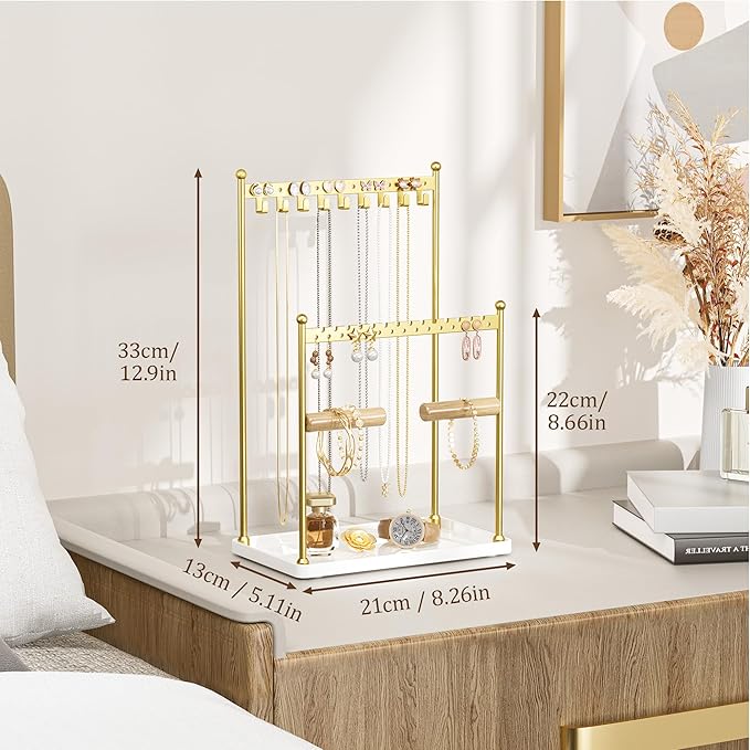3 Tier Gold Jewelry Stand, Necklace Organizer, Earring Holder with 44 Holes and 9 Hooks, for Necklaces, Bracelets, Rings