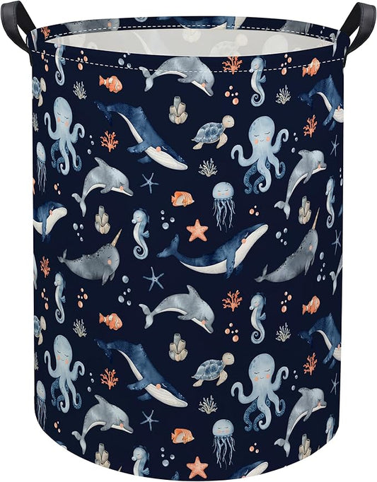HIYAGON Ocean Baby Laundry Basket Baby Hamper for Nursery Girl Kids Soccer Hamper Cute Kids Toys Storage Bin Organizer Ocean Room Decor for Home(Blue Ocean)