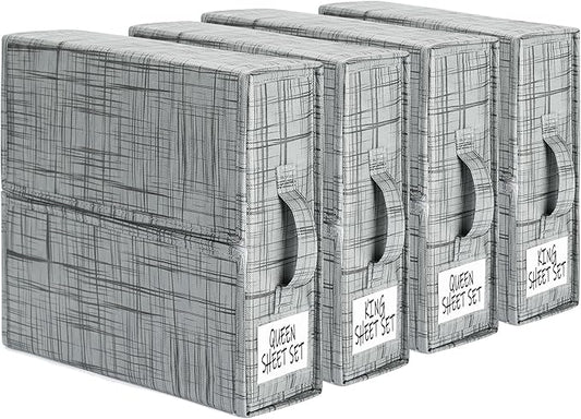 SUOCO SheetCube Bed Sheet Organizers and Storage 4 Pack, Foldable Linen Closet Organizer, Bedding Folder Storage Box Container for Blanket, Duvet Cover Set, Bed Sheet Set - Pattern Grey