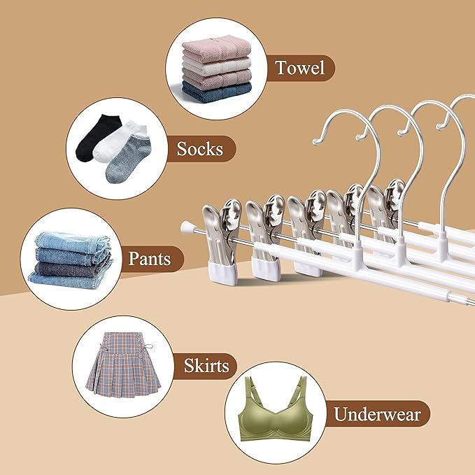 Pants Hangers with Clips 10 Pack Adjustable Skirt Hangers for Women Non-Slip Trousers Hanger for Jeans Clothes Hangers for Pants Heavy Duty Space Saving Shorts Hangers,White,14Inch