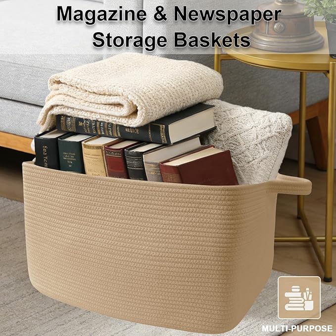 Large Blanket Basket,Woven Rope Basket Storage Bin with Handles,65L Rectangle Laundry Basket for Magazines,Toys,Clothes,Newspaper Shelf Organization,Nursery and Living Room,Jute