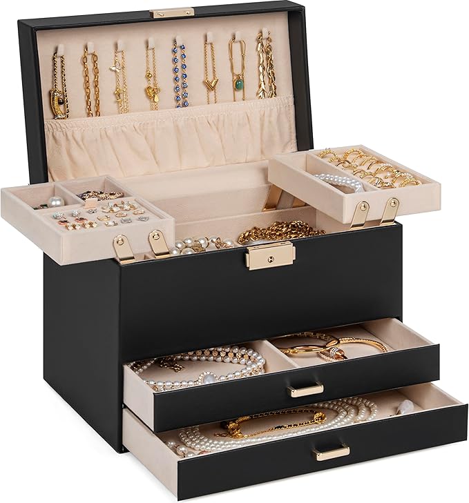AKOZLIN Travel Jewelry Box Organizer Functional 2-trays Leather Jewelry Storage Case with Lockable Portable 2 Drawers for Women Girls Ring Necklace Earring Bracelet