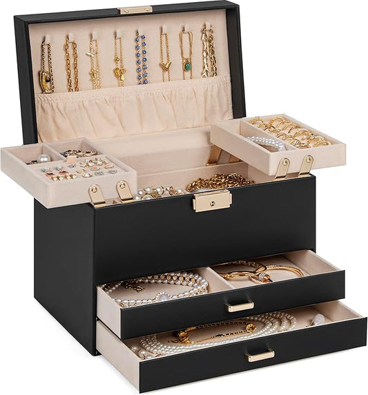 AKOZLIN Travel Jewelry Box Organizer Functional 2-trays Leather Jewelry Storage Case with Lockable Portable 2 Drawers for Women Girls Ring Necklace Earring Bracelet