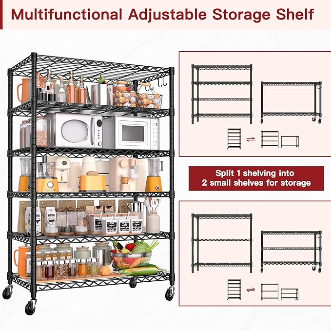 PrimeZone 6 Tier Wire Shelving with Wheels 78''H 1500lbs Storage Shelves NSF Certified Heavy Duty Steel Metal Shelf Adjustable Rolling Rack Kitchen Garage Closet Pantry Laundry 78''HX36''WX18''D 2Pcs