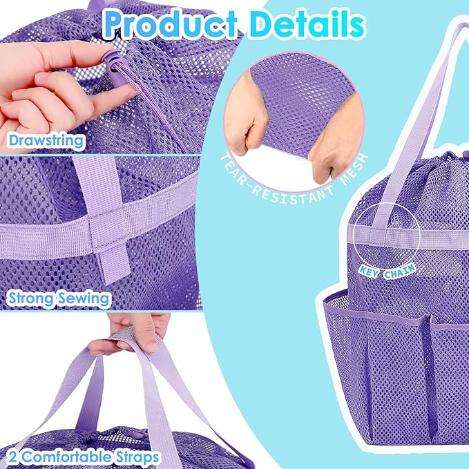 Fammart Mesh Shower Caddy Portable with Drawstring, Dorm Room Essentials for College Girls Guys, 8-Pocket Large Shower Bag Basket Tote for Camping Beach Gym Travel Toiletry Bathroom