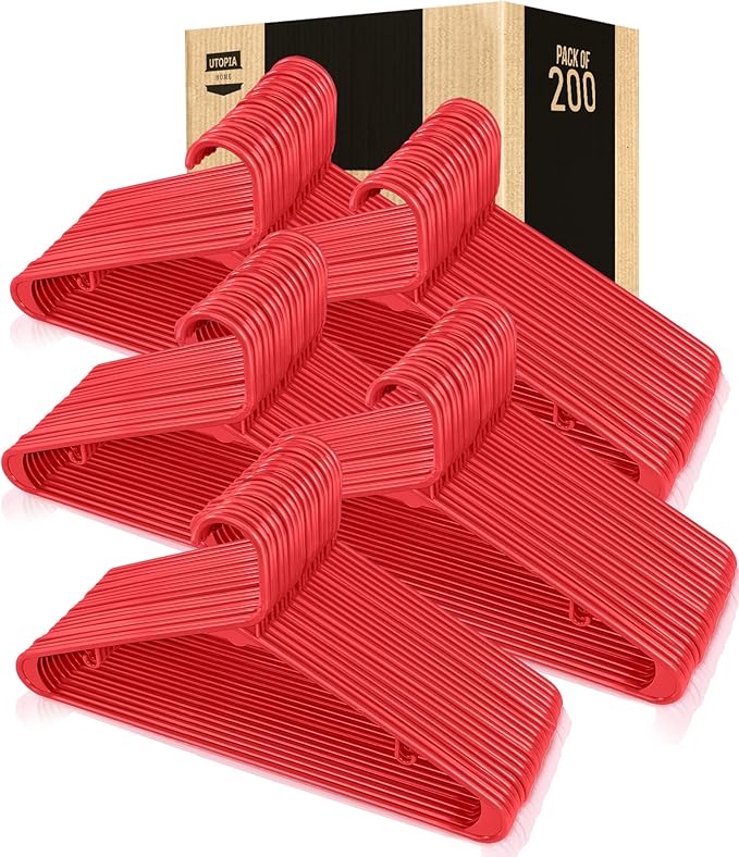 Utopia Home Plastic Hangers 200 Pack - Clothes Hanger with Hooks - Durable & Space Saving (Red)