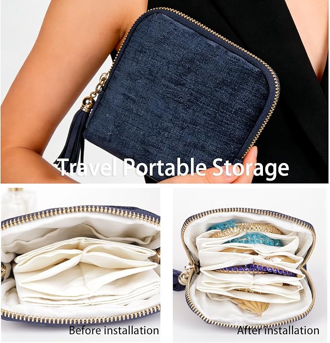 ASINGYER Travel Jewelry Storage Bag for Women, Velvet Portable Jewelry Organizer with Tassel Zipper, Small Pouches for Bracelets Necklaces Rings Earrings, Wedding Gift for Women (dark blue)