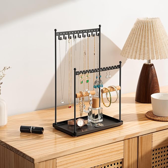 3 Tier Black Jewelry Stand, Necklace Organizer, Earring Holder with 44 Holes and 9 Hooks, for Necklaces, Bracelets, Rings