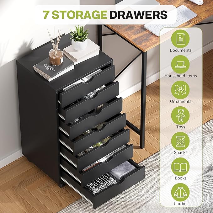 7 Drawer Mobile File Cabinet Under Desk Storage Organization with Wheels Vertical Filing Chest Rolling Wood Small Desk Printer Stand for Home, Black
