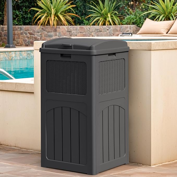 Greesum 33 Gallon Outdoor Trash Can with Lid, Waterproof Resin Garbage Bin for Hideaway, Deck, Patio, Gray