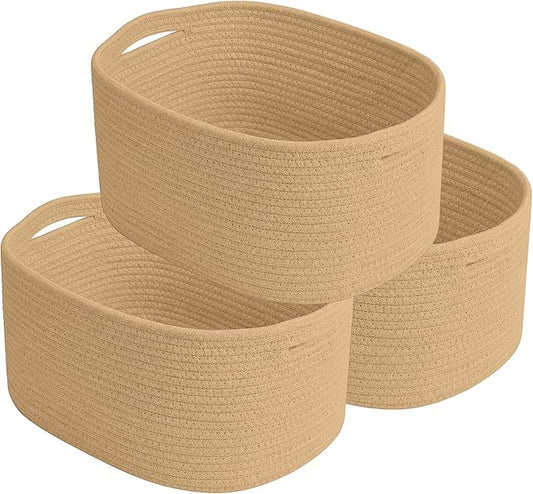 ECDYQXVU Cotton Rope Storage Basket, 15x10x9 Inches, Woven Basket for Shelves, Clothes, Towels, Books, and Laundry, Jute Brown (3 Pack)